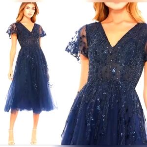 MAC DUGGAL Midnight Navy 20304 Beaded Flutter Sleeve Tulle T Length Dress 8 NWT